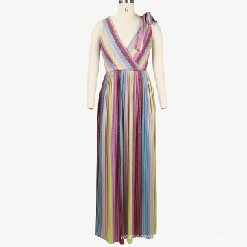 Costom  Printed Stripe Sleeveless Long Dress Sexy V Neck  Dresses For Women